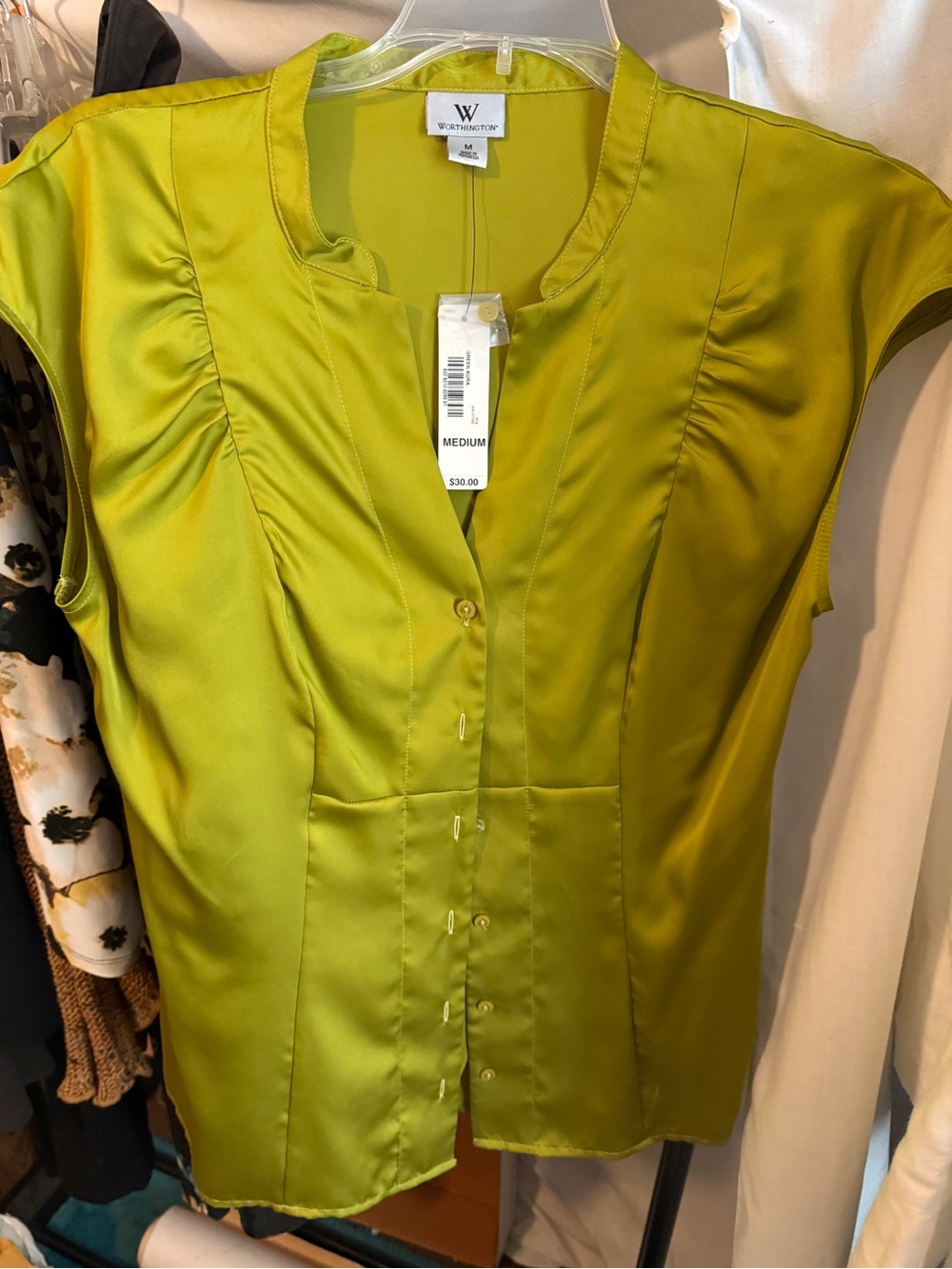 Worthington Lime Green Cap-Sleeve Button Blouse